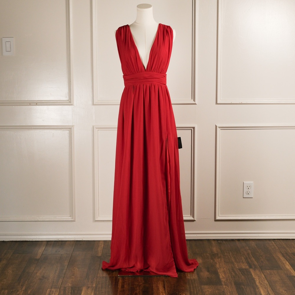 Lulus Maxi Dress Womens Heavenly Hues Deep V-Neck Slit Small Red